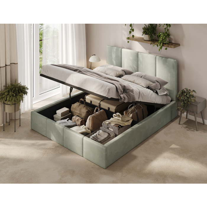 Polsterbett Mintgrün im hellen Schlafzimmer